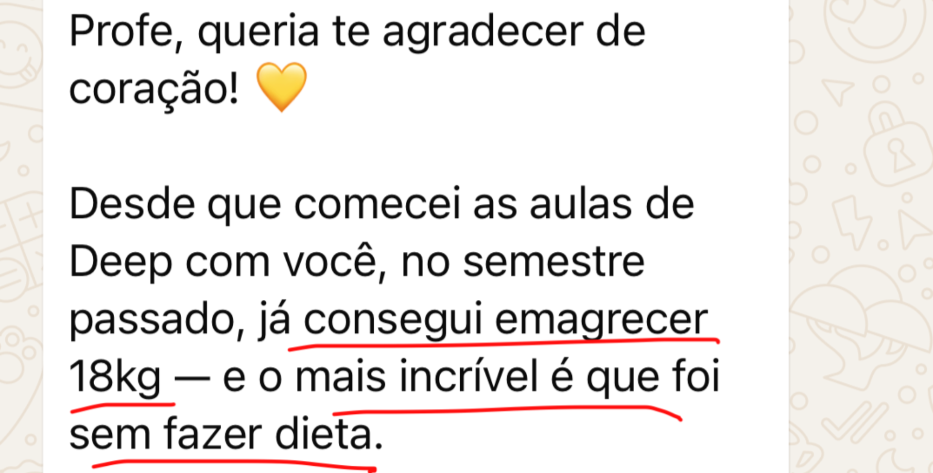 Print da mensagem da aluna relatando perda de 18 kg com as aulas de Deep Water