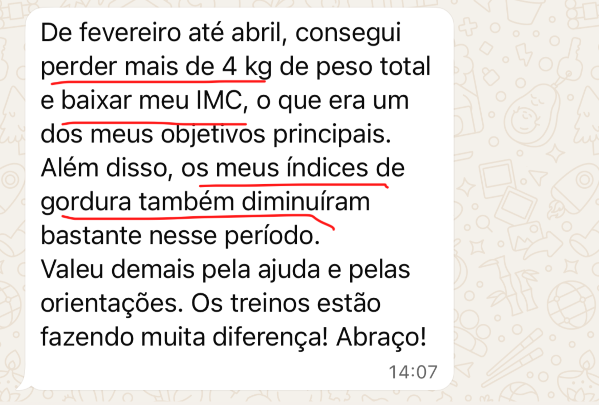 Print da mensagem do aluno relatando perda de 4 kg e queda no IMC