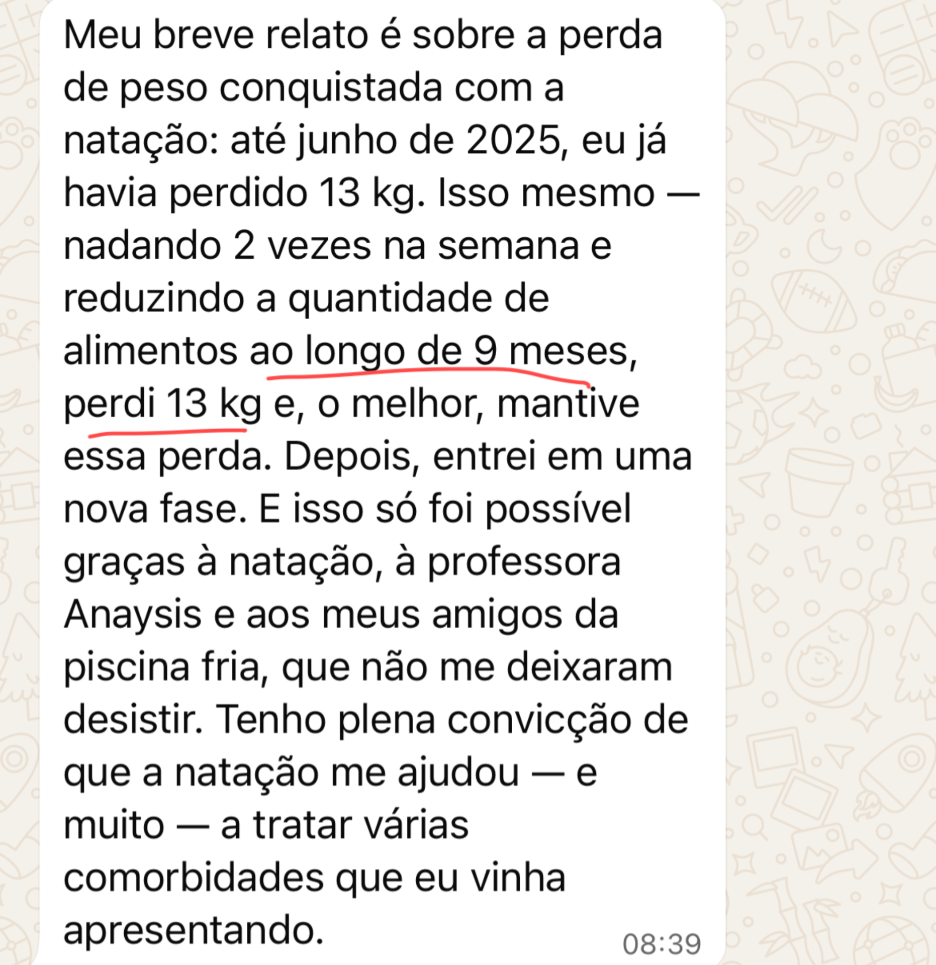 Print da mensagem do aluno relatando perda de 13 kg nadando 2x por semana